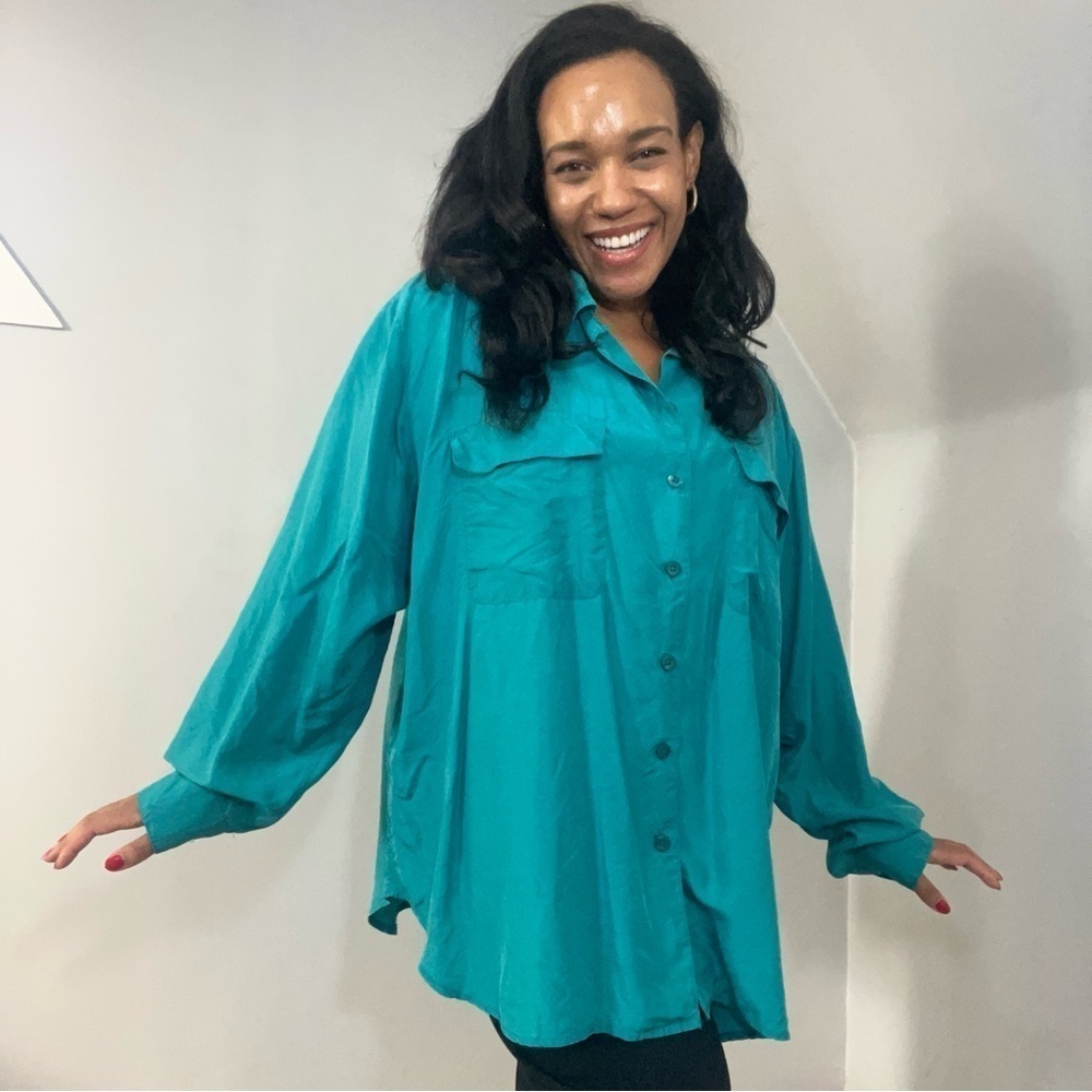 Vintage Silk Plus Size Blouse Teal Blue Button Top Career Business Office Jewel